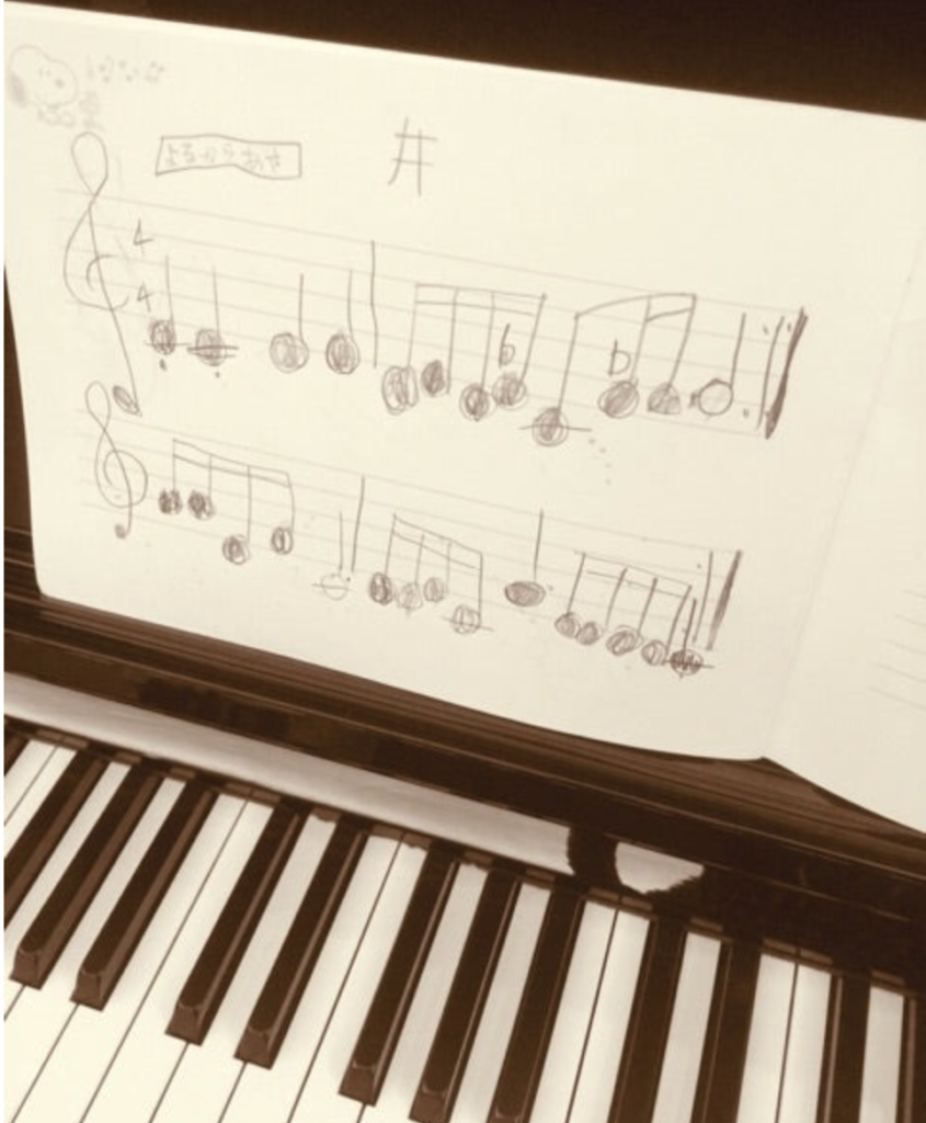 手書きの楽譜とピアノ